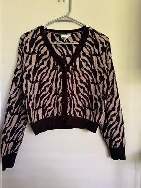 Full Tilt Zebra-Print V-Neck Button Cardigan - Pink & Black